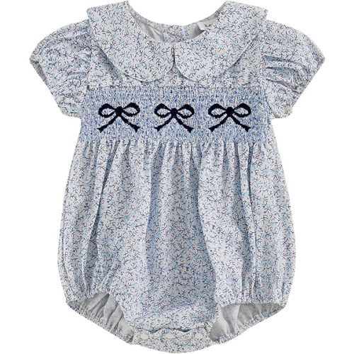 Newborn Baby Girl Romper Bow Embroidery Peter Pan Collar Short Sleeve Bubble Bodysuit Summer Clothes
