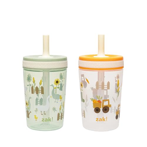 Zak Designs Kelso Toddler Cups For Travel or At Home, 15oz 2-Pack Durable Plastic Sippy Cups With Leak-Proof Design is Perfect For Kids (Silly Goose, Harvest)
