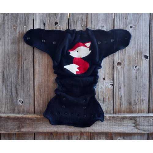 Upcycled 100% Cashmere And Merino Wool Nappy Cover Diaper Wool Wrap One Size Fits Most Black With Fox Applique / Gray & Black