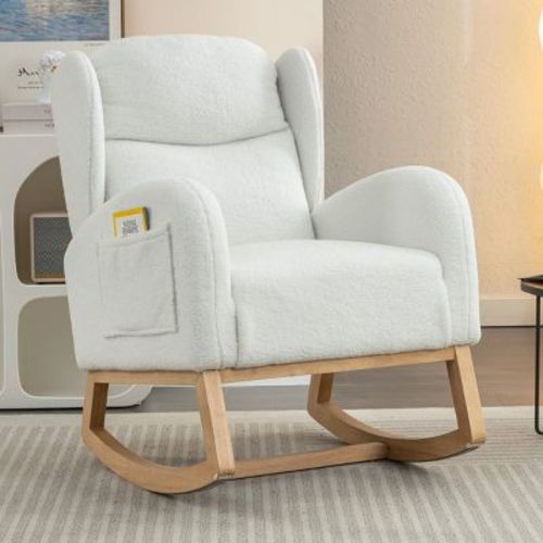 Beige Wooden Rocking Chair with Storage Pockets, Indoor Porch Rocker for Small Spaces, Dormitory, Apartment – Maison Boucle