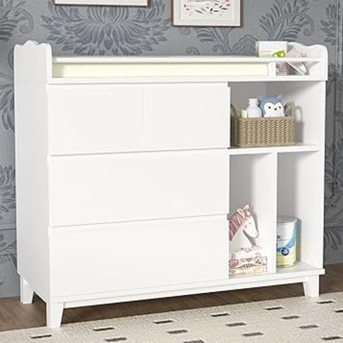 Baby Dresser Nursery Dresser with Changing Table Top, Tall Dressers & Chests of Drawers,Wood 4 Drawers Dresser with 3 Shelves,Dresser for Bedroom,White,Changing Table Dresser