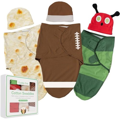 Cuddle Club Baby Swaddle | 100% Cotton Adjustable Hook-and-Loop Fastener Newborn Blanket Wrap - with Novelty Hat Beanie