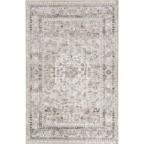 Nuloom Davi Medallion 6 Round Spill Proof Machine Washable Indoor Area Rug For Living Room Bedroom Dining Room, Stone/ivory