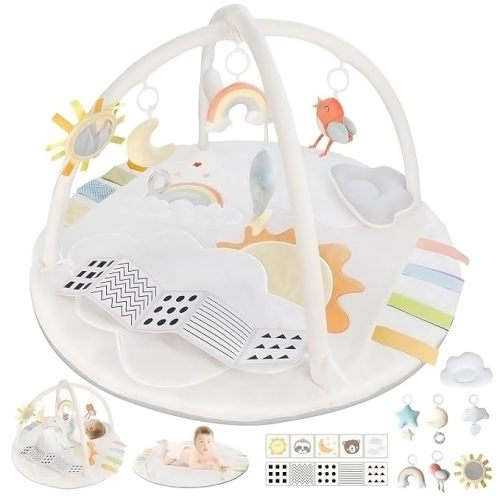 Baby Play Gym Tummy Time Mat with 6 Removable Hanging Toys,Promote Motor Skills & Sensory Development Mat,Baby Activity Mat Easy to Install & Clean
