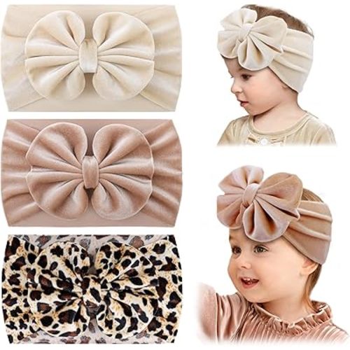 YanJie Baby Girl Headbands with Bows, Soft Elastics Handmade Velvet Hairbands and Accessories for Infant Toddlers Kids in Khaki, Beige, Leopard