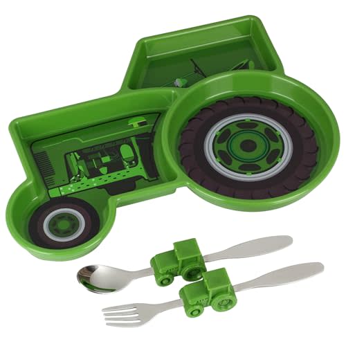 Kids Divided Plate with Utensils - Children's Meal Set with Plate, Fork and Spoon - Tractor