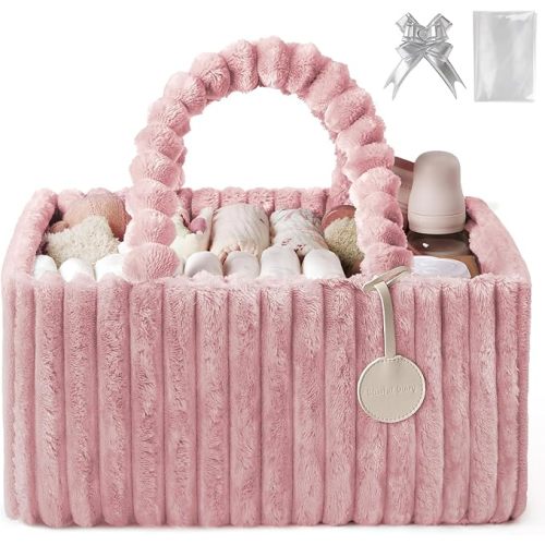 Blissful Diary Flannel Diaper Caddy Organizer, included Gift Packaging, Cozy Nursery Storage Basket, Gift for Baby Shower, Newborn Essentials, Blush Pink