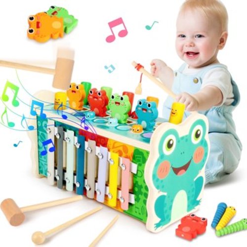 UUSUOO 6 in 1 Montessori Toys for 1 Year Old,Whack A Mole Hammering Pounding Toys with Pounding Bench,Xylophone,Frog,Wooden Baby Toys,Montessori Musical Toys for Toddlers 1 - 3 Years Old
