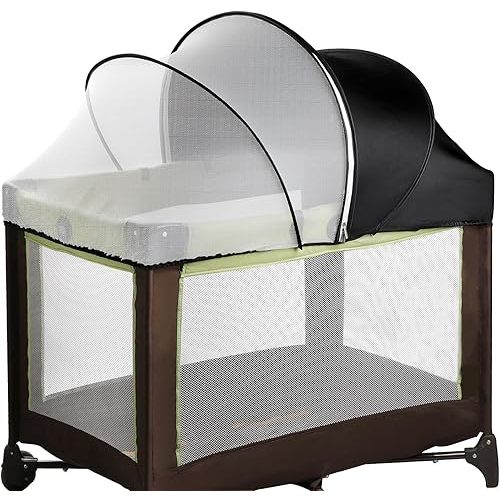 Pack N Play Tent Cover - Half-Blackout Mosquito Net for Crib & Playpen, Baby Bassinet Cover for Cats with 2-Way Zipper, Sun-Blocking Bug Net for Travel Crib (Black-Large)