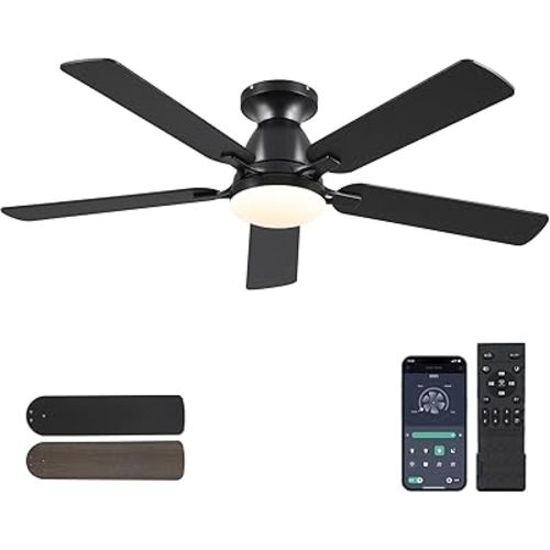 Ceiling Fans with Lights- 52" Low Profile Indoor Ceiling Fan with Light and Remote/APP Control, Flush Mount, LED Dimmable DC Reversible Modern Ceiling Fan for Bedroom(Black)