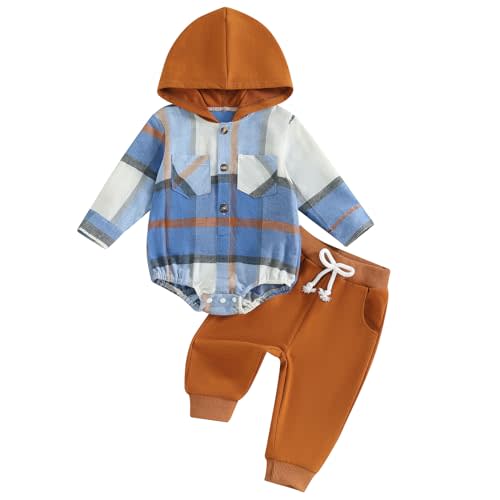 Douhoow Infant Baby Fall Clothes Boy Girl Plaid Hoodie Sweatshirt Romper Flannel Tops+ Sweatpants Festival Outfits