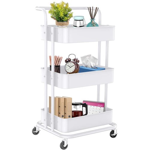 3 Tier Mesh Utility Cart, Rolling Metal Organization Cart with Handle and Lockable Wheels, Multifunctional Storage Shelves for Kitchen Living Room Office by Pipishell (White)