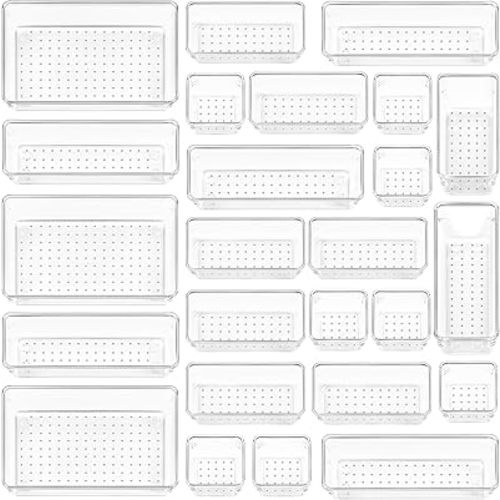 Vtopmart 25 PCS Clear Plastic Drawer Organizers Set, 4-Size Versatile Bathroom and Vanity Drawer Organizer Trays, Storage Bins for Makeup, Bedroom, Kitchen Gadgets Utensils and Office