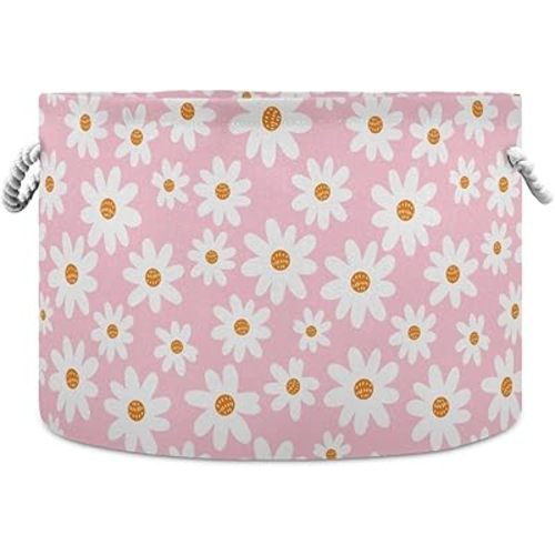 Large Round Storage Basket Daisy Flower Pink Nursery Hamper Basket Clothes Toy Storage Organizer Bin Box Collapsible Laundry Bag