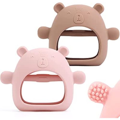 2 Packs Baby Teething Toy Silicone Bear Teething Mitten for Babies Over 3 Months Anti Dropping Wrist Hand Teethers Baby Chew Toys for Sucking Needs, BPA Free