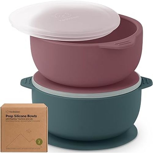KeaBabies 2-Pack Baby Bowls with Suctions, Lids - Silicone Toddler Suction Bowls for Baby Boy, Girl, Kids, Food Grade Silicone, BPA-Free, Dishwasher Safe, Toddler Eating Essentials (Rocky)