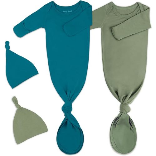 2Pk Newborn Baby Knotted Gown, Super Soft Silky Infant Long Sleeve Sleeper for Baby Sleeping with Hat or Headband (2 Packs) - Army Green+blue Green - 0-3 Months