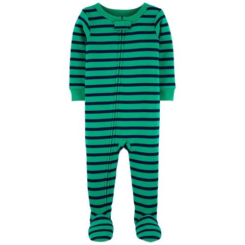 1-Piece Striped Snug Fit Cotton Footie PJs - Green