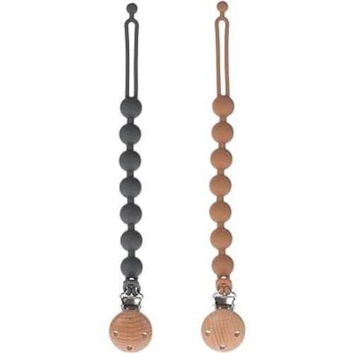 Silicone Pacifier Clips for Baby, 2-in-1 One Piece Design Pacifier Holder & Teething Ring Toy, BPA Free, 2 Pack (Clay+Dark Grey)