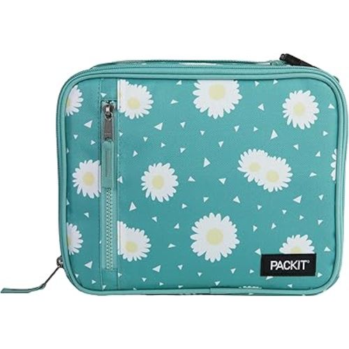 PackIt Freezable Classic Lunch Box, Daisy Sage, Built with ECOFREEZE Technology, Collapsible, Reusable, Zip Closure With Zip Front Pocket and Buckle Handle, Designed for Fresh Lunch On the Go