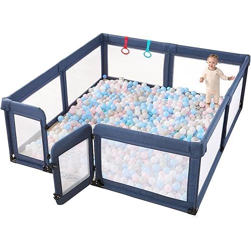 Baby Playpen,Extra Large Playpen for Babies and Toddlers, Sturdy Play Pen Play Yard with Safety Gate,79”x71”Baby Play Pen(Blue)