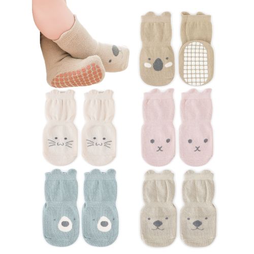Deago 5 Pairs Baby Non Slip Grip Ankle Socks with Non Skid Soles for Infants Toddlers Kids Boys Girls