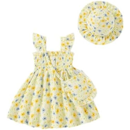 Vibebox Baby Girl Ruffle Sleeveless Dresses Newborn Girls Summer Button Dress Birthday Gifts Clothes with Cute Hat and Bag