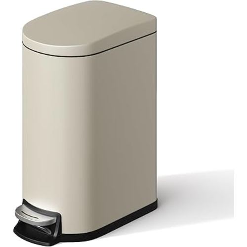 Garvee 2.6 gal / 10 L Metal Bathroom Trash Can with Lid, Slim Waterproof Garbage Can for Bedroom, Small Step-on Trash Bin with Inner Bucket, Rear Handle, Soft Close Lid, Sand Beige