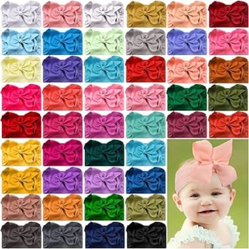 Hoteam 50 Pcs Baby Girls Large Bows Headbands 6.3 Inch Soft Wide Turban Baby Headbands Elastic Nylon Hairbands Hair Accessories for Infants Newborns Infants Toddlers Kids
