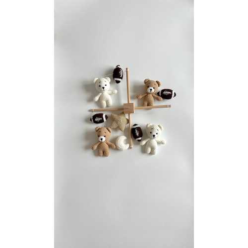 Crochet teddy bears with football baby mobile, football nursery , cute gift for baby shower . 100% pure handmade.