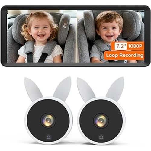 Babyvue BV3 MAX 1080P Dual Baby Car Camera with Recording, 7.2" Split Screen Monitor with IR Night Vision, Easy Setup Backseat Camera for Baby, Rear Facing Baby Car Monitor for 2Kids/Twins
