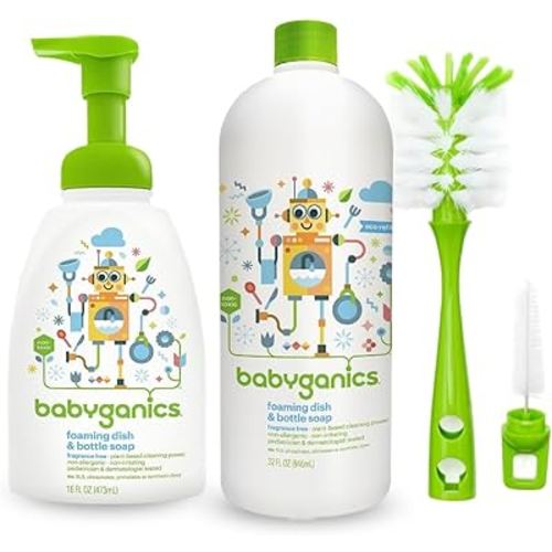 LuxProdX Baby ganics 16 Ounce Dish Dazzler Foaming Dish and Bottle Soap with Refill Kit BUNDLED with Two (2) Bottle Brushes BONUS