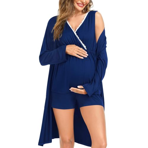 SWOMOG Maternity Nursing Robe Set 3 Piece Postpartum Breastfeeding Pajamas 3 in 1 Hospital Labor Delivery Pregnancy Pjs
