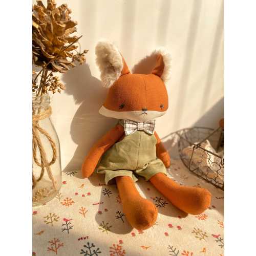 Stuffed Fox Toy - Linen Plush Fox with Furry Ears Outfit - Handmade Animal Doll for Kids - Soft Woodland Gift - Cuddly Toy Decor - Rag doll