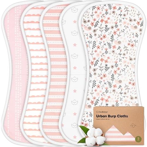 Organic Burp Cloths Baby Boy & Girl - 5-Pack Super Absorbent Cotton Burping Cloths for Babies, Soft & Plush Newborn Spit Up Rags, Infant Towels for Milk Spit Up, Unisex, Large 21" x 10" (Sweet Charm)