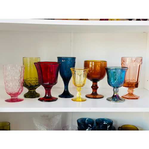 8 Vintage multicolored goblets mismatch mixed glasses mcm water goblets boho wine glasses wedding glasses rainbow glasses boho glassware