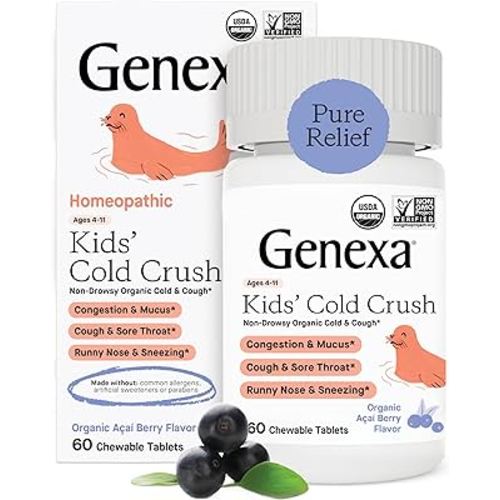 Genexa Cold Crush for Children – 60 Tablets | Certified Organic & Non-GMO, Physician Formulated, Homeopathic | Cough & Cold Medicine for Children