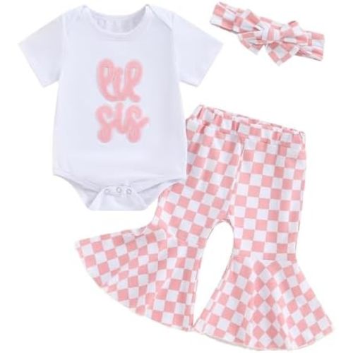 Toddler Baby Bell Bottoms Outfits Short Sleeve Ruffle Letter Print Romper Flower Flare Pants Headband 3Pcs