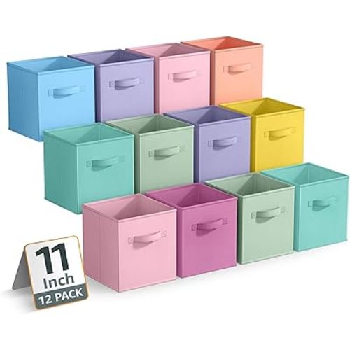 Sorbus 11 Inch Storage Bins - Sturdy Collapsible Fabric Storage Cubes with Handle - 12 Foldable Baskets for Organizing Clothes, Toys, Books - Storage Baskets for Shelves, Closets