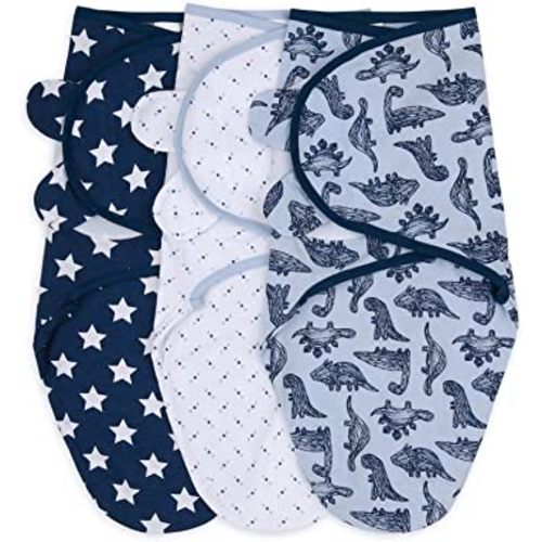 The Peanutshell Baby Swaddle Blankets for Boys or Girls, Blue Dinosaur & Stars, 3 Pack Wrap Set, 2 Sizes (Small/Medium)