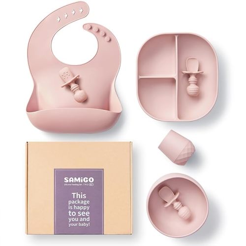SAMiGO Silicone Baby Feeding Set, Baby Led Weaning Supplies, Suction Bowl Plate Bib Cup Self Feeding Spoons, Solid Food Eating Essentials, First Stage Utensils, 6+ Months