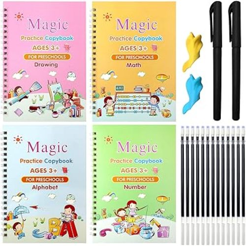 4PCS Grooved Handwriting Practice for Kids Age 3-5 Preschool Children, Reusable Magic Practice Copybooks for Student Tracing Letter Writing Books