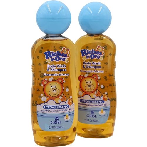 Ricitos de Oro 2-in-1 Baby Hair and Body Wash, Hypoallergenic Tear Free Body Wash and Shampoo with Chamomile and Honey, Cleansing Formula for Babies, 2-Pack of 13.5 FL Oz Each, 2 Bottles.