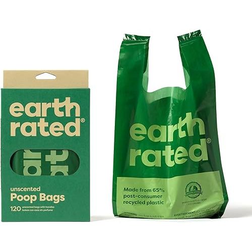 Earth Rated Dog Poop Bags with Handles, Extra Wide, Easy Tie and Guaranteed Leakproof, Unscented, 120 Handle Bags