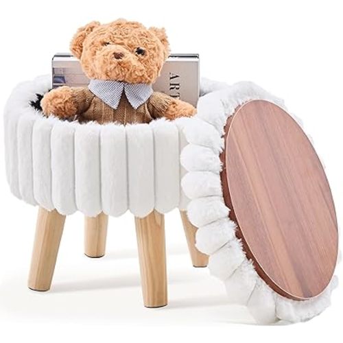 Wimarsbon Storage Ottoman,Soft Faux Fur Footstool with Padded Seat, Small Reading Vanity Chair, Footrest with Wood Tray for Couch, Mini Coffee Table or Display Stand (Cream, Round Storage)
