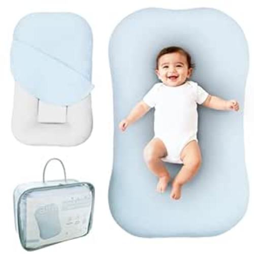 Aila + Aiden Baby Lounger | Organic Cotton Infant Lounger | Adjustable & Portable Floor Lounger | Supervised Use | Soft, Breathable, Washable Cover - Snuggle Collection - (Blue)