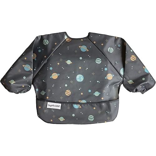 Tiny Twinkle Mess Proof Baby Bib|Waterproof Smock Bib for Eating,Machine Washable Full Sleeve with Pocket(Space, Small 6-24 Months)