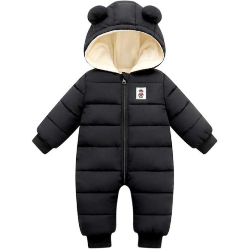 Unisex Baby Snowsuit Infant Cute Bear Hooded Winter Warm Flannel Lining Romper