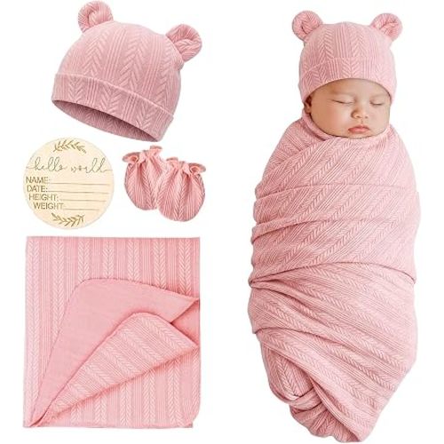 DRESHOW BQUBO Newborn Receiving Blankets for Baby Girl Boy Swaddle with Bear Hat No Scratch Mittens Announcement Card Set for 0-3 Months