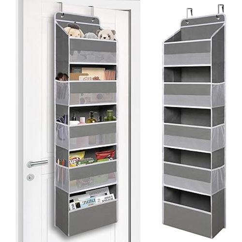 Over Door Organizer with 5 Large Pockets, Heavy Duty Hanging Organizer Storage, Closet Bathroom Nursery Bedroom Dorm, Toys Cosmetics Sundries and Baby Essentials, Gray